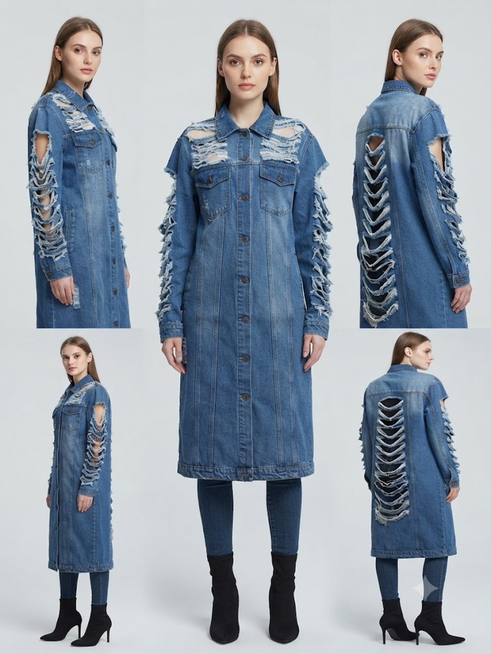 Fashion Nova Oversized Distressed Long Midi length Denim Shacket in Medium Blue